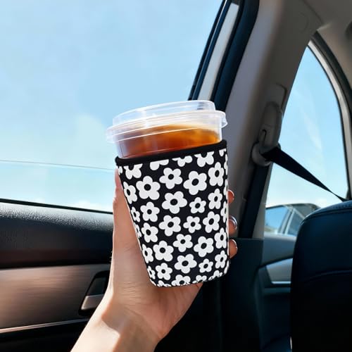 Image of Reusable Insulated Sleeve for Iced Coffee Cup, Coffee Neoprene Sleeve for Cold & Hot Drinks, Beverage Holder for Iced Coffee (Black Florals, Small: 16-18oz)