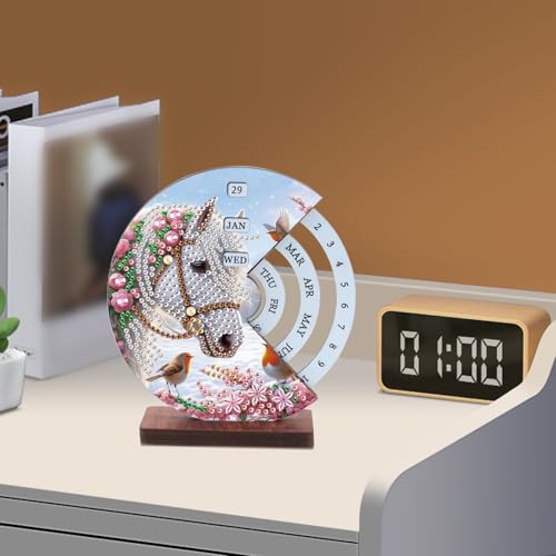 Image of AiYuanzsh Diamond Painting Tabletop Perpetual Calendar, 3D DIY Wooden Desk Ornament with White Horse Design, Sparkling Diamond Art Kit for Desktop Decoration