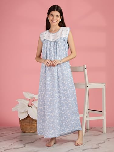 Image of 9shines Label Cotton Sleeveless Nighty | All Over Print Maxi Night wear for Women | Full Length Night Gown Night Dress for Women Stylish (Cotton Sleeveless 25)