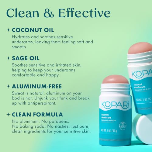 Image of Kopari Aluminum Free Coconut Deodorant, Plant-Based Formula, No Aluminum, Parabens or Baking Soda, Everyday Odor Protection, Beach, 2 Pack