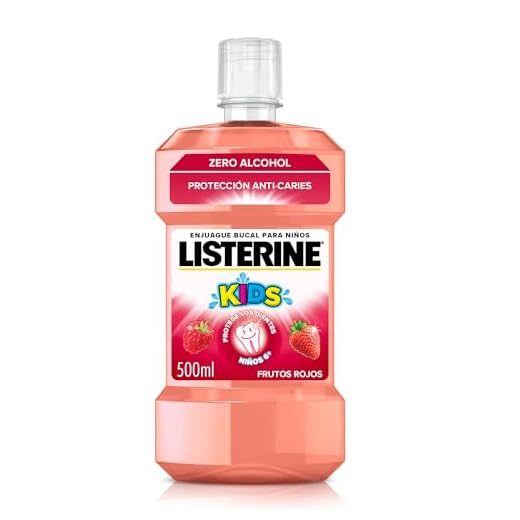 Listerine Smart Rinse (1 x 500 ml), enjuague bucal para niños 6+ sabor a frutos rojos, colutorio sin alcohol para una limpieza bucal completa, elixir bucal anti-caries