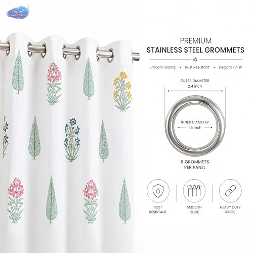 Image of Clasiko Block Print Sheer Door Curtains; 40% Light Filtering Linen Textured Curtains with Eyelets; Set of 2; 54x60 Inches / 5 Feet; Tropical Oasis