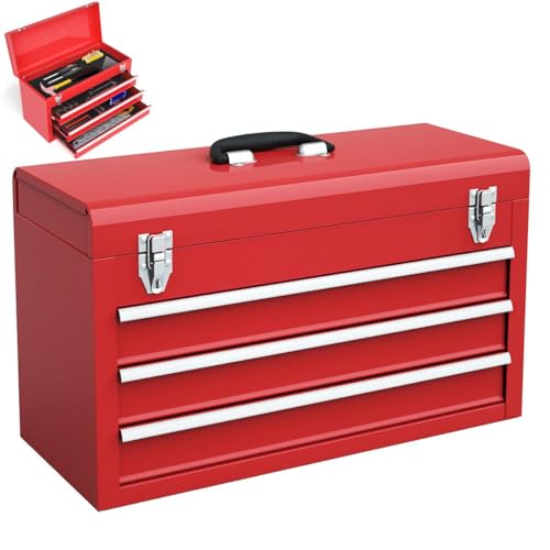 COSTWAY 3 Drawers Tool Box, Lockable Steel Toolbox with Top Storage Tray, Ball Bearing Runners, EVA Liners & Carry Handle, Tool Chest Storage Cabinet for Home Workshop (Red)