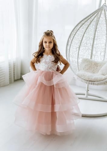 Tiered Tulle Flower Girl Dress for Wedding Princess Appliques Pageant Dress Kid's Floor-Length Party Gown with Train4