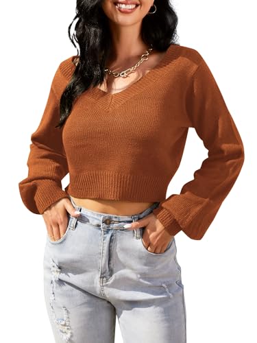 Image of ZAFUL Women's Cropped Sweater V-Neck Long Sleeve Pullover Jumper Knit Top