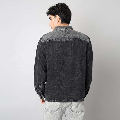 Image of Men's Denim Casual T Shirt | Oversized Fit | Spread Collar & Full Sleeve