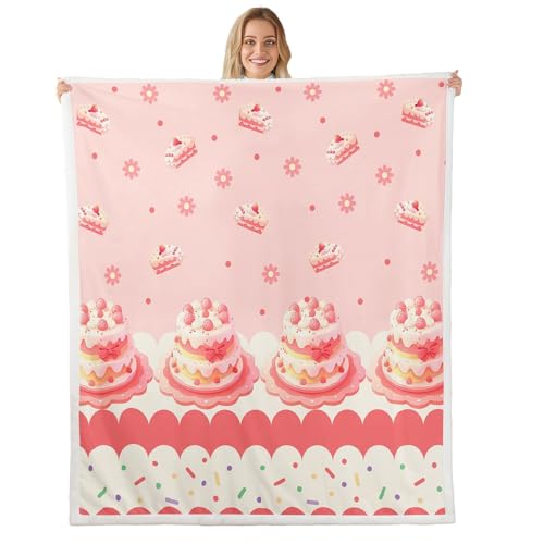 Mantas de franela de pastel de fresa, manta de forro polar de postre dulce, manta mullida para niños, niñas y adultos, manta mullida de pastel de caramelo crema, manta sherpa rosa ultrasuave