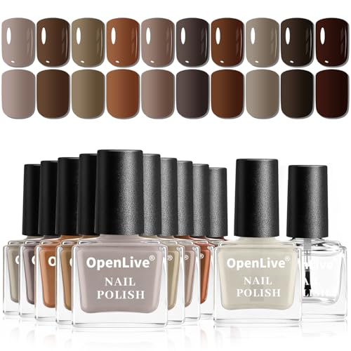 OpenLive 12Pcs Brown Nail Polish Set with Base and Top Coat Chocolate Brown Moche Fingernail Polish Quick Dry Regular Finger Nail Polish Pack for Women Gift Holiday 5ML