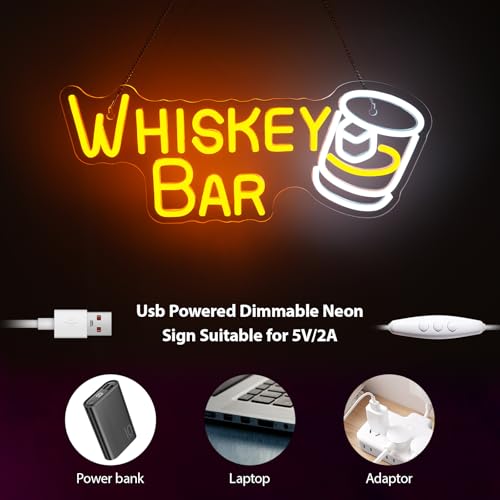 Image of Whiskey Bar Neon Sign LED Neon Lights For Wall Decor Light Up Bar Signs For Home Bar Cart Restaurant Man Cave Beer Cafe Bistro Club Party Decorations Gift