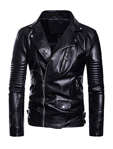 PASOK Men's PU Leather Jacket Causal Belted Faux Leather Motorcycle Jacket Zipper Biker Coat B029 S