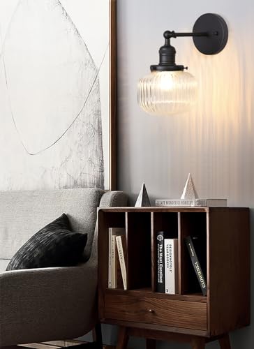 Image of PERMO Single Sconce Vintage Industrial Wall Sconce Lighting with Flate Globe Ribbed Shade (Black)