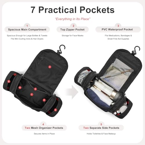 Image of Hanging Toiletry Bag for Men and Women - Water Resistant Nylon Travel Cosmetic Dopp Kit with Multiple Compartments for Toiletries, Grooming Essentials, Makeup and Shaving Gear, Black