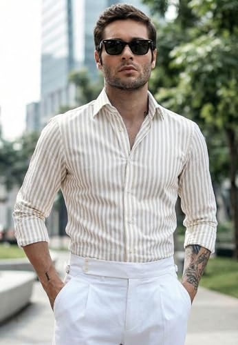 Image of IndoPrimo Men's Striped Shirt | Premium Slim Fit Full Sleeve Formal Casual Shirt | Button-Down Cotton Shirt for Office