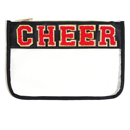 Jeffan 1 Pieces Black Cheer Gifts Chenille Letter Cheer Bags Patch Makeup Bag Flat Clear Pouch Cheerleading Gifts for Girls Cheer Teams
