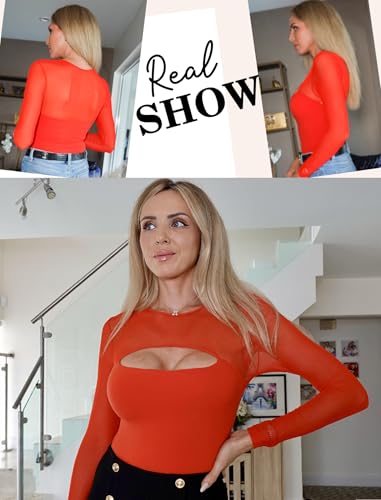 Image of Avidlove Bodysuits for Women Round Neck Long Sleeve Mesh Bodysuit | Sexy Sheer Top Double Lined Shapewear Cutout Shirt