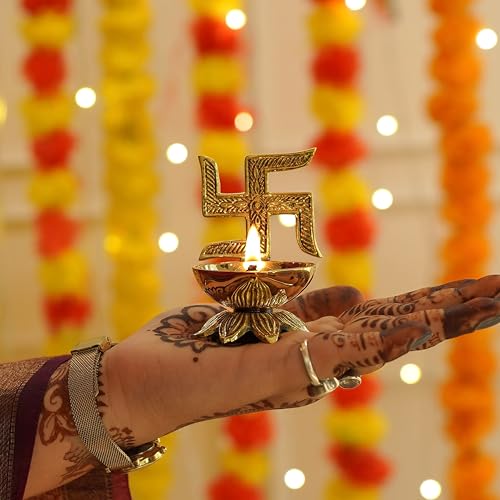 Image of Behoma 100% Pure Brass Swastik Diya for Puja | Religious Symbol Deep Deepak for Pooja Room, Tample,Mandir,Office, Diya for Home Decoration