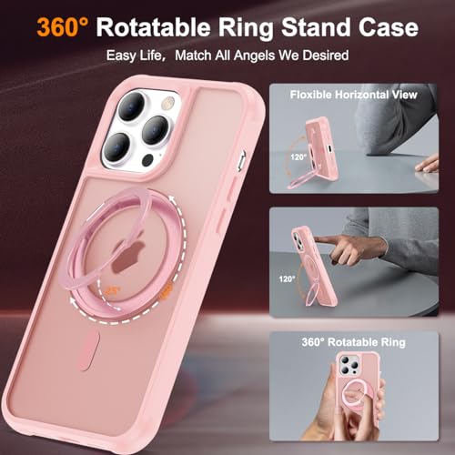 Image of Compatible with iPhone 15 Pro Max Case with Stand 6.7 inch,Pink | Matte Translucent Phone Case for iPhone 15 Pro Max,360 Magnetic Ring Stand,Compatible Mag-Safe,Military Grade Protection