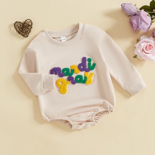 Honganda Baby Boy Girl Mardi Gras Romper Sweatshirt Letters Embroidered Bubble Onesie Fall Carnival Festival Holiday Outfit3