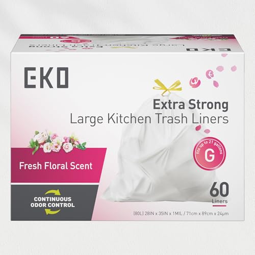 Image of EKO 21 Gallon / 50-90 Liter, 60 Count Drawstring Trash Bags, Extra-Strong Garbage Bags, Fresh Floral Scent with Continuous Odor Control, Easy-Dispense Roll for Kitchen and Household Use, Code G, White