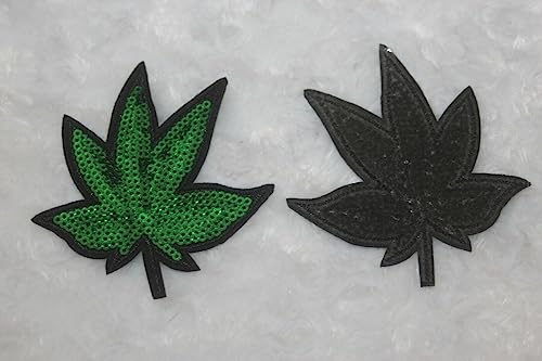 Lot 4 Green Black Mini Sequins Sequin Marijuana Weed Pot Leaf Stoner Applique