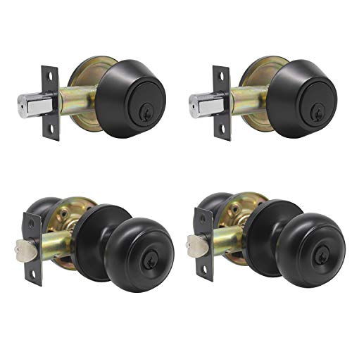 Probrico Entry Knobs Front Door Handles Exterior Lockset and Single Cylinder Deadbolt Combination Set, Flat Black (2 Pack) Keyed Alike Nevada 