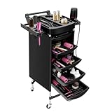 Carrello da salone, salone trolley, parrucchiere da parrucchiere con ruote, ripiano laterale con 5 cassetti, per saloni di bellezza, barbiere, ospedali e centri sanitari, nero