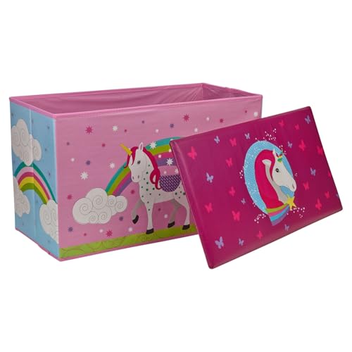URBNLIVING Children’s Foldable Toy Storage Box with Padded Lid Seat – 60cm Collapsible Ottoman Chest Bench for Boys & Girls, Space Saving, Bedroom & Playroom Toy Organizer, Unicorn & Galaxy Print