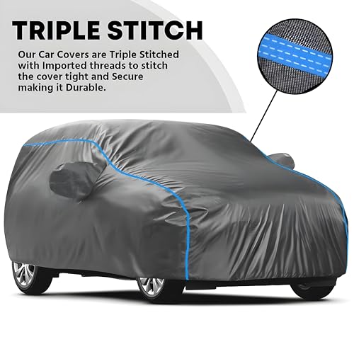 Image of Kerwa Car Body Cover Waterproof with A5, Dust & UV Resistant All-Weather Proof Full Body Cover, Grey with Blue Lining, Triple Stitched Elastic Bottom with Mirror Pocket