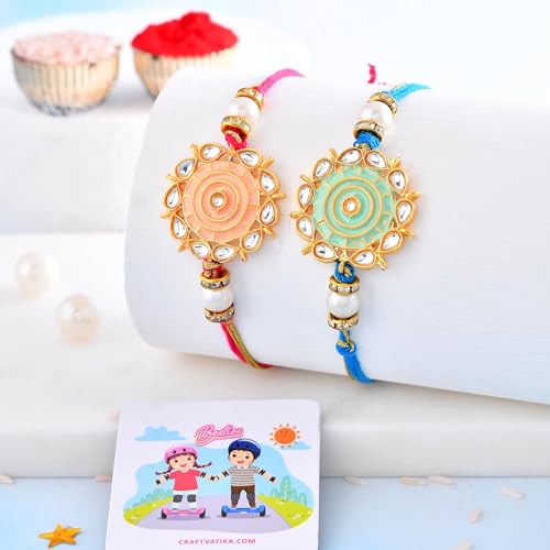Image of CraftVatika Rakhi Set of 2 for Brother, Floral Kundan Designer rakhi Combo For Brother Bhaiya Bhabhi Raksha Bandhan Gift Band with Fridge Magnet Bracelet Stone Rakhis