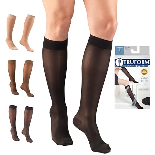 Image of Truform Sheer Compression Stockings, 15-20 mmHg, Women's Knee High Length, Diamond Pattern, Black, Small