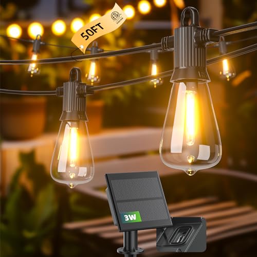 Kawaya Solar Powered String Lights for Outside: 50 FT LED Outdoor Patio Lights with USB-Charging - IP65 Waterproof Hanging Lights - 25+2 Shatterproof