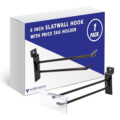 Victory Display Long Slatwall Hooks with Price Tag Holder (1-Pack, 8in) – Slat Wall Accessories for Retail Display, Price Tag Holders, and Shop Organization – Ideal for Storefront Merchandising Needs