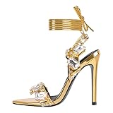 KISTANIA Women's Crystals Lace up Heeled Sandals Strappy Open Toe Rhinestone Pointy Toe Diamond Wedding Dressy Heels Golden Size 7