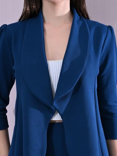 Image of Women's Solid Relaxed Fit 3 /4 Sleeve Cotton Blend Co-ord Blazer and Trouser Set