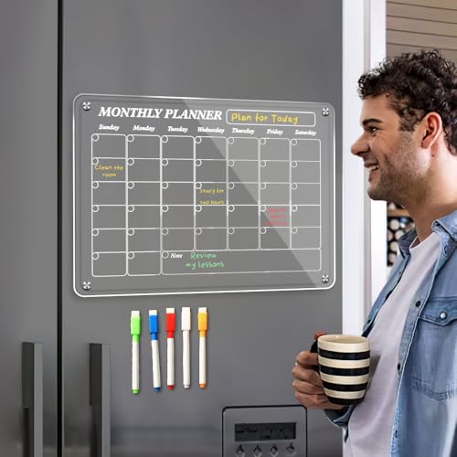 Magnetic Acrylic Refrigerator Calendar, 12" x 16" Clear Refrigerator Calendar Dry Erase Magnetic Refrigerator Planner Set with 5 Colored Highlighter Markers