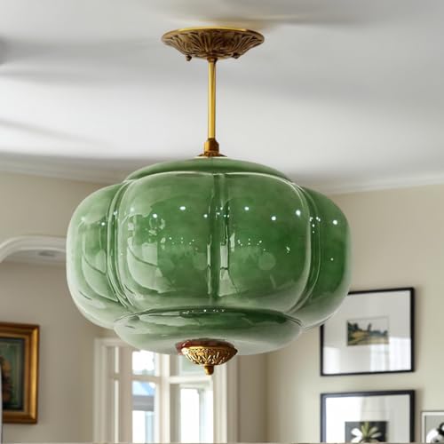 BOFEA-15 Inch Green Vintage Chandelier,Green Glass Ceiling Light Fixture with