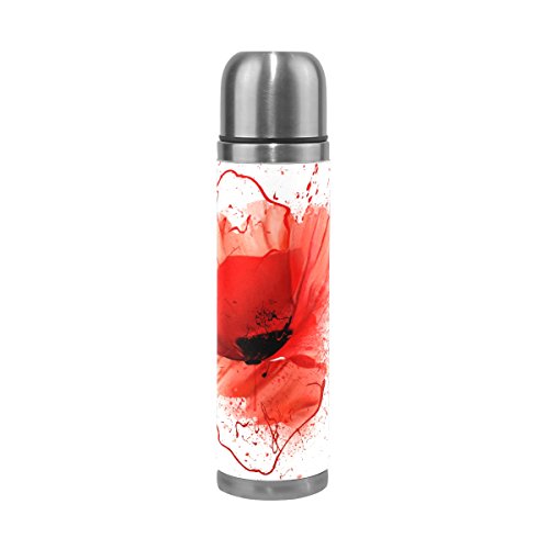Eslifey Bouteille d'eau isotherme Coquelicot rouge avec pulvérisateur de peinture anti-fuite Thermos en acier inoxydable