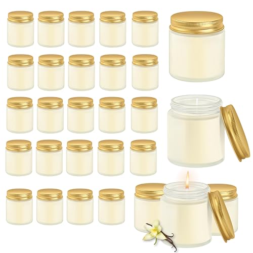 Cmoott 24 Pcs 4 Oz Mason Jar Candles, Vanilla Scented Soy Candles Bulk Set for Stress Relief and Relaxation, Great Favors for Wedding, Christmas, Housewarming Gifts (Gold,Frosted Glass, Vanilla, 24)