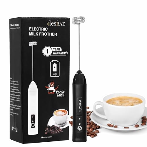 Image of Desi BAE Frother Electric with Double Whisk | C Type Rechargeable Coffee Maker Machine for Home | 1 Year Warranty | Free Coffee Blender Recipe Book | Big Battery 1 Charge = 15 Days Use.