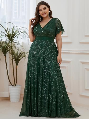 Image of Ever-Pretty Plus Women's Glitter Formal Dress Evening Gown for Gala V-Neck Short Sleeve Floor Length Plus Size Prom Dresses