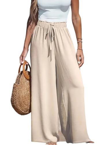 Women Flowy Pants Drawstring Waist Wide Leg Beach Loose Fit Casual Pants3