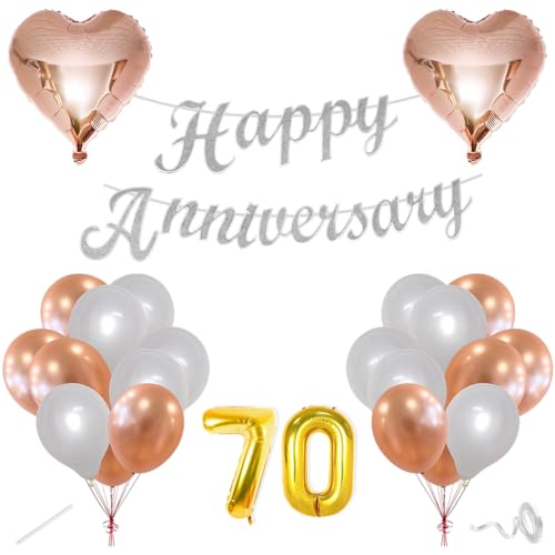 Image of Flyloons 70th Happy Anniversary Decoration Items Rose Gold White for Men Women Husband Wife Mom Dad Parent Couple Home Bedroom Car With 20 Pcs Metallic Balloons Anniversary Banner 2 Pcs Heart Set Kit