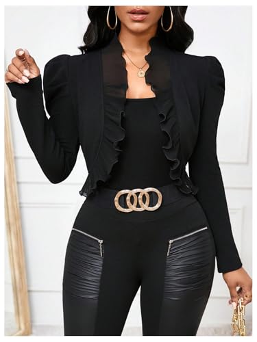 GORGLITTER Women's Ruffle Cropped Blazer Jacket Business Casual Open Front Puff Long Sleeve Bolero Jackets4