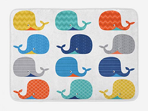 Lunarable Nursery Bath Mat, Fish Sea Nautical Funny Colorful Whales in Stripes Dots Geometric Zig Zag Chevron, Plush Bathroom Decor Mat with Non Slip Backing, 30.2