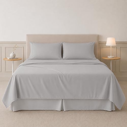 Modern Threads 4-Piece Ultra Soft Microfiber Bed Sheets Set, Wrinkle Free Sheets with Deep Pockets Fitted Sheet, Flat Sheet & Pillowcases, Lightweight Breathable Bedding, Light Grey, Full by Modern Threads - Used condition - Image 2