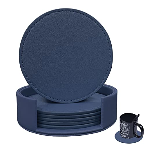 RICHSUM Sottobicchieri 6 Pezzi Sottobicchieri in Ecopelle Morbida Sottobicchieri Rotondi con Cucitura Intorno, Adatti a Varie Tazze, Tavoli di Legno, Decorazione della Casa,10 cm (Blu Scuro)