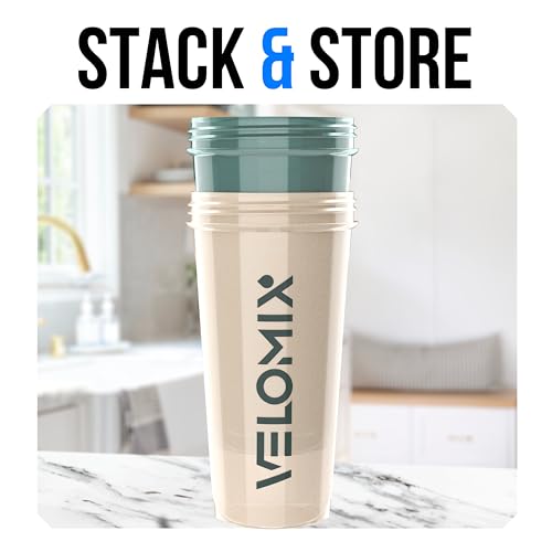 VELOMIX -2 Pack- 28 oz Protein Shaker Bottles Blue/Beige