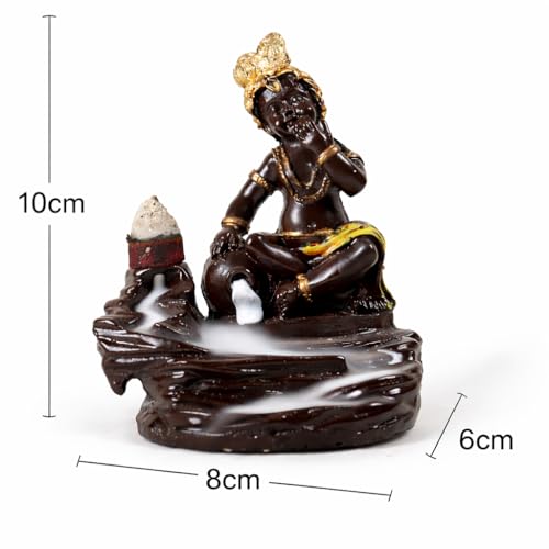 Image of CRAFTAM PolyResin Krishna Smoke Fountain Backflow Waterfall Cone Incense Holder Showpiece Statue with 10 Back Flow Incense Cones (Orange)