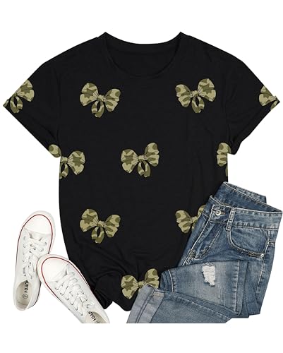 Camo Shirts for Women Camo Bow Print Short Sleeve Tee Camouflage Old Shirt Camo Coquette Tshirt