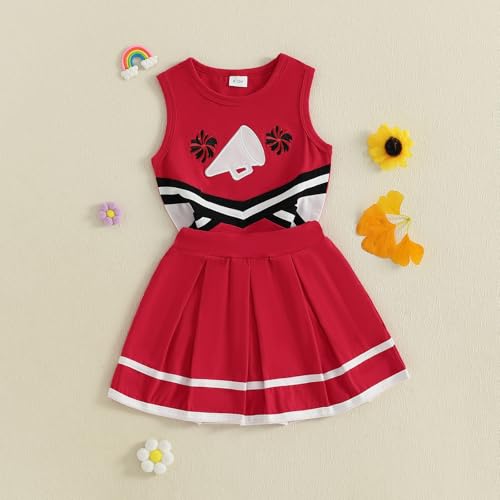 CREAIRY Toddler Baby Girl Cheerleader Outfit Shirt Tops Skirt Set Cheer Uniform Outfit Halloween Cheerleading Clothes (Red Black, 6-12 Months)